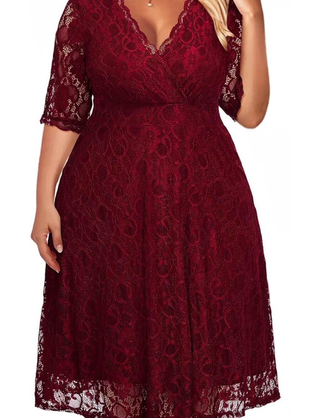 Elegant Women's Lace Fit & Flare Dress - Wine